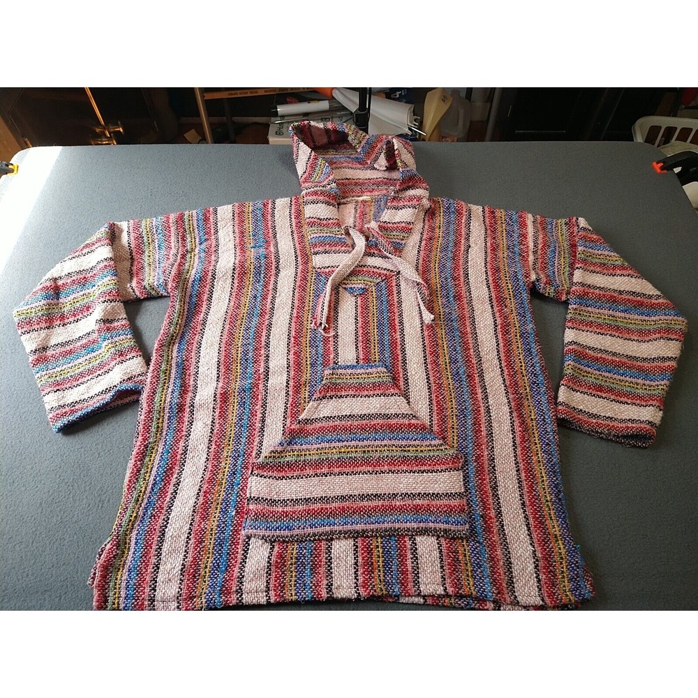 Drug Rug Hoodie L Unisex Rainbow Multi Color Mexican Poncho Skater Surfer